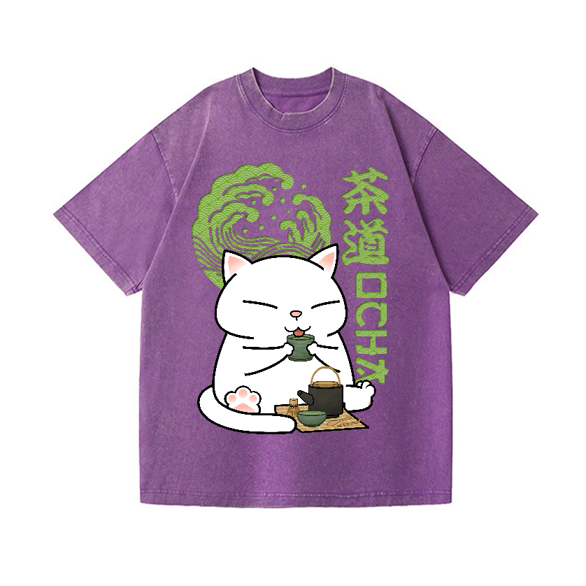 Tea Cat Vintage Wash Japanese Design T-Shirt