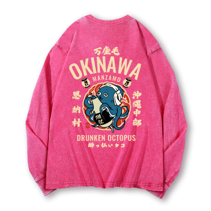 Okinawa Drunken Octopus Vintage Washed Cotton Back Art Long-sleeve T-shirt