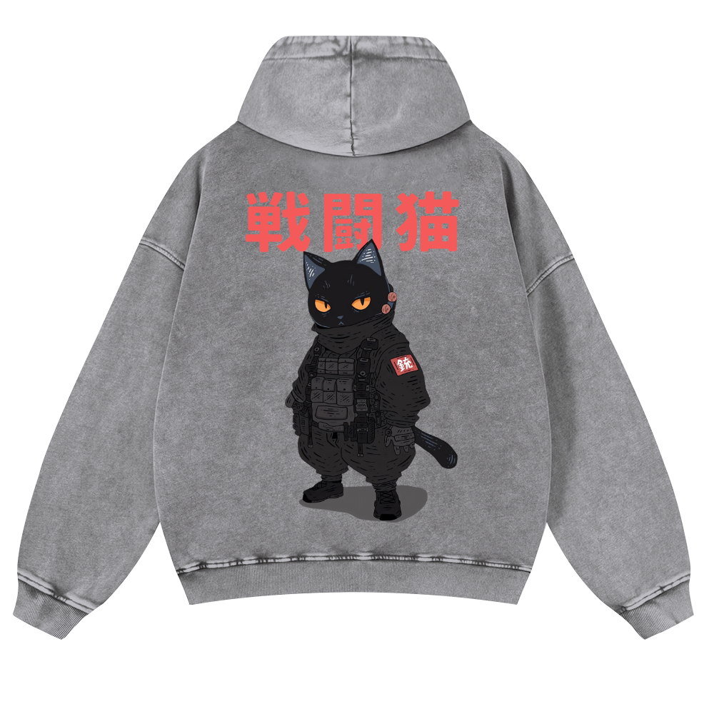 Battle Black Cat Vintage Washed Cotton Back Art Hoodie