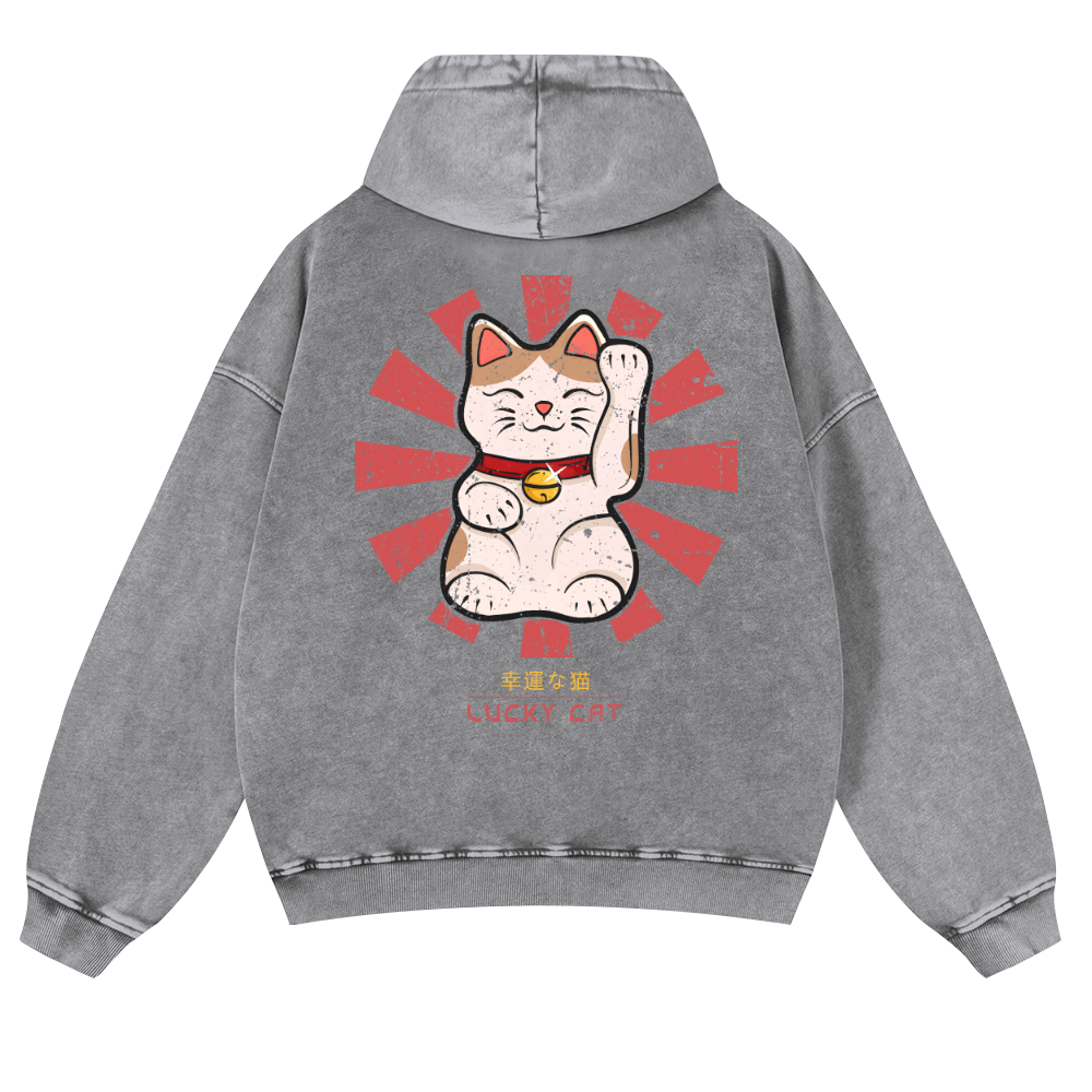 Lucky Cat Vintage Washed Cotton Back Art Hoodie