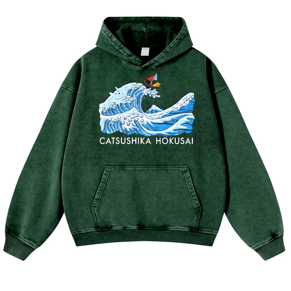Catsushika Hokusai Cat Vintage Washed Thick Cotton Hoodie
