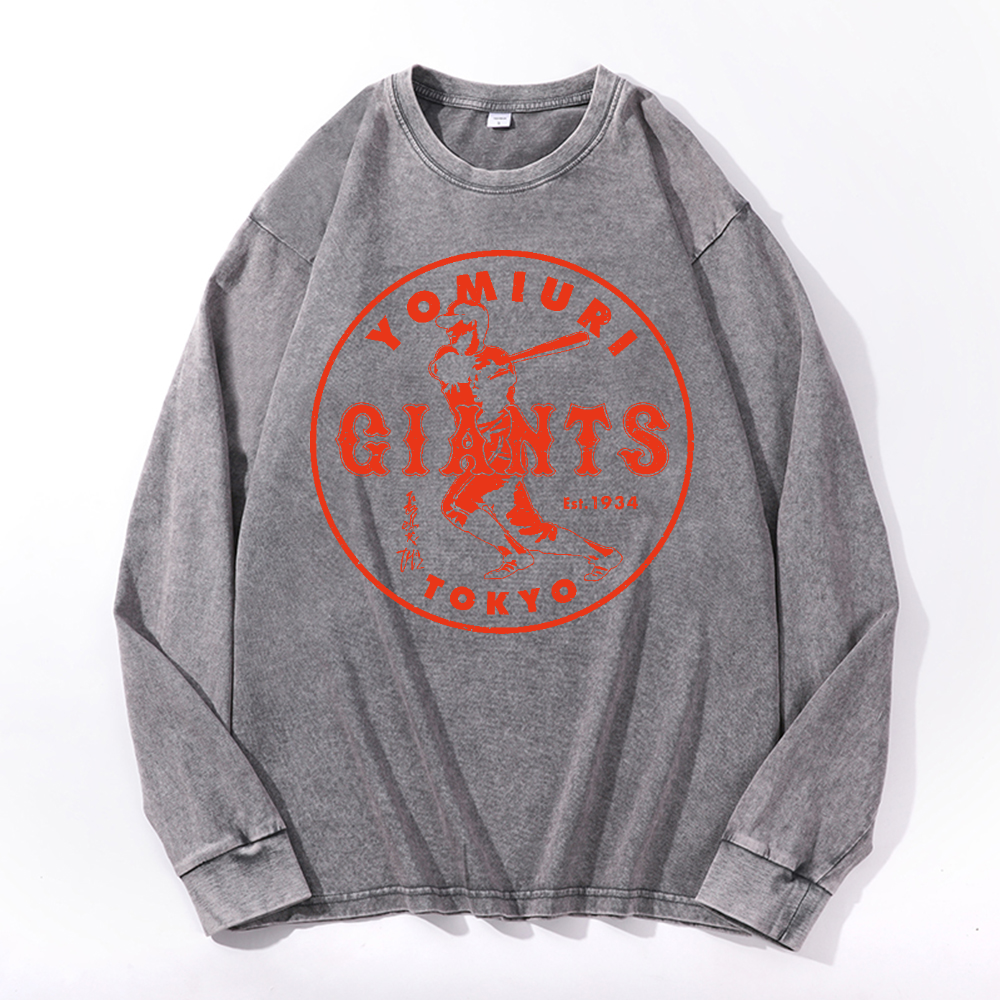 Tokyo Yomiuri Giants Baseball Vintage Cotton Wash Crewneck Long-Sleeve T-Shirt
