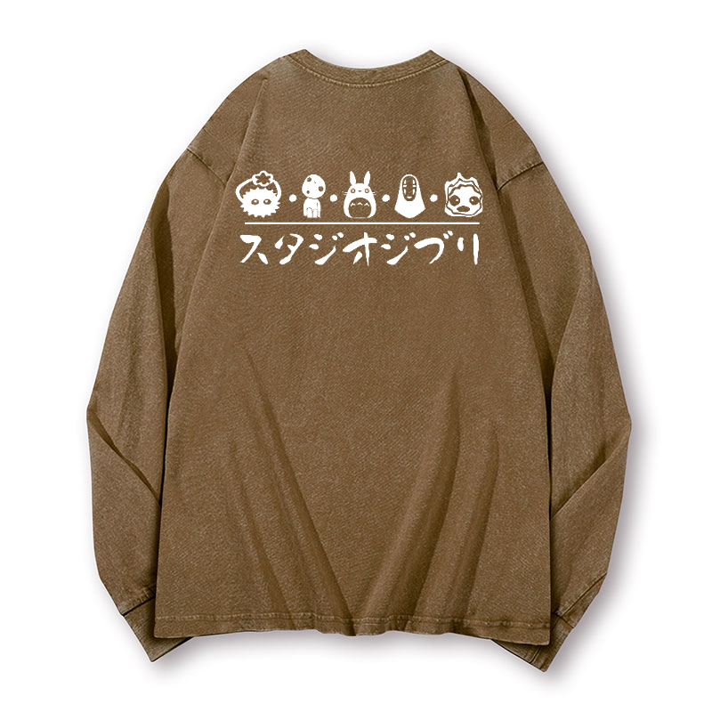 Ghibli Totoro No Face Kaonashi Vintage Washed Cotton Back Art Long-sleeve T-shirt