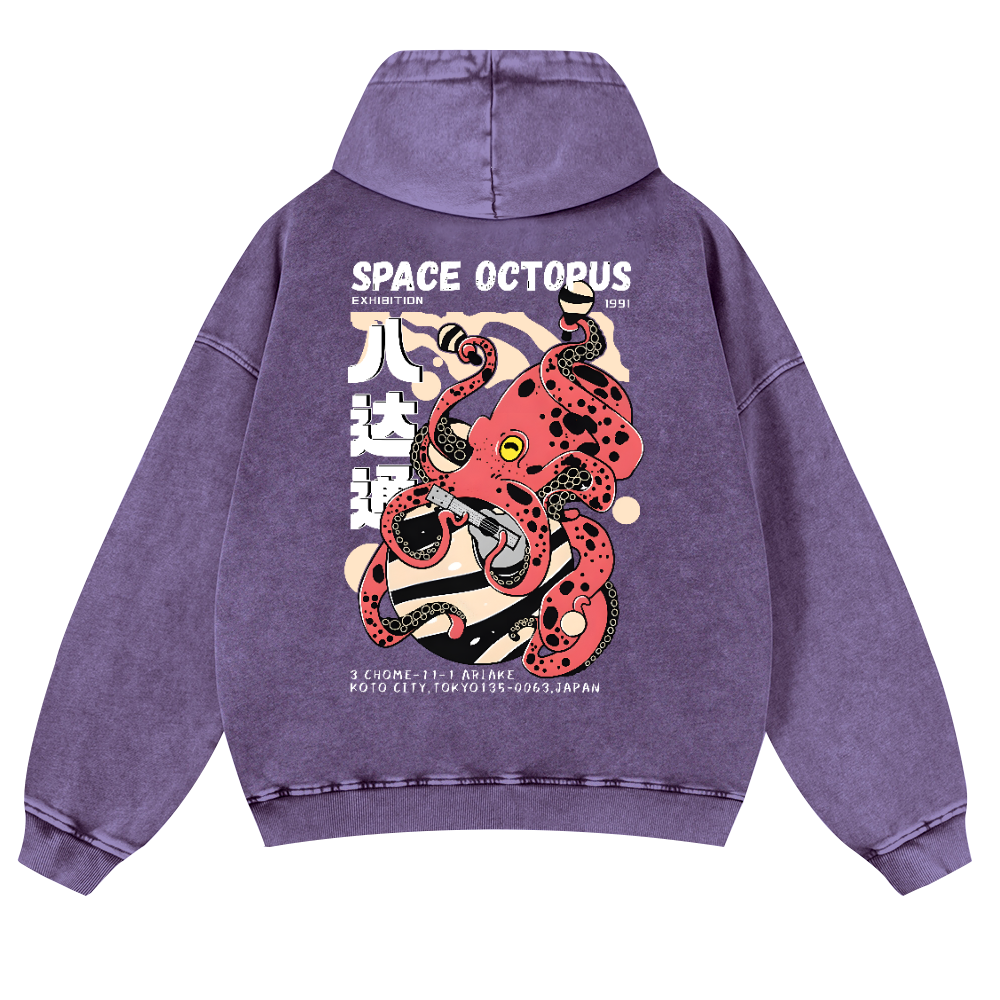 Space Octopus Vintage Washed Cotton Back Art Hoodie