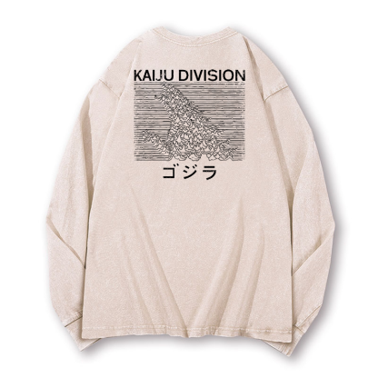 Kaiju Godzilla Monster Division Vintage Washed Cotton Back Art Long-sleeve T-shirt