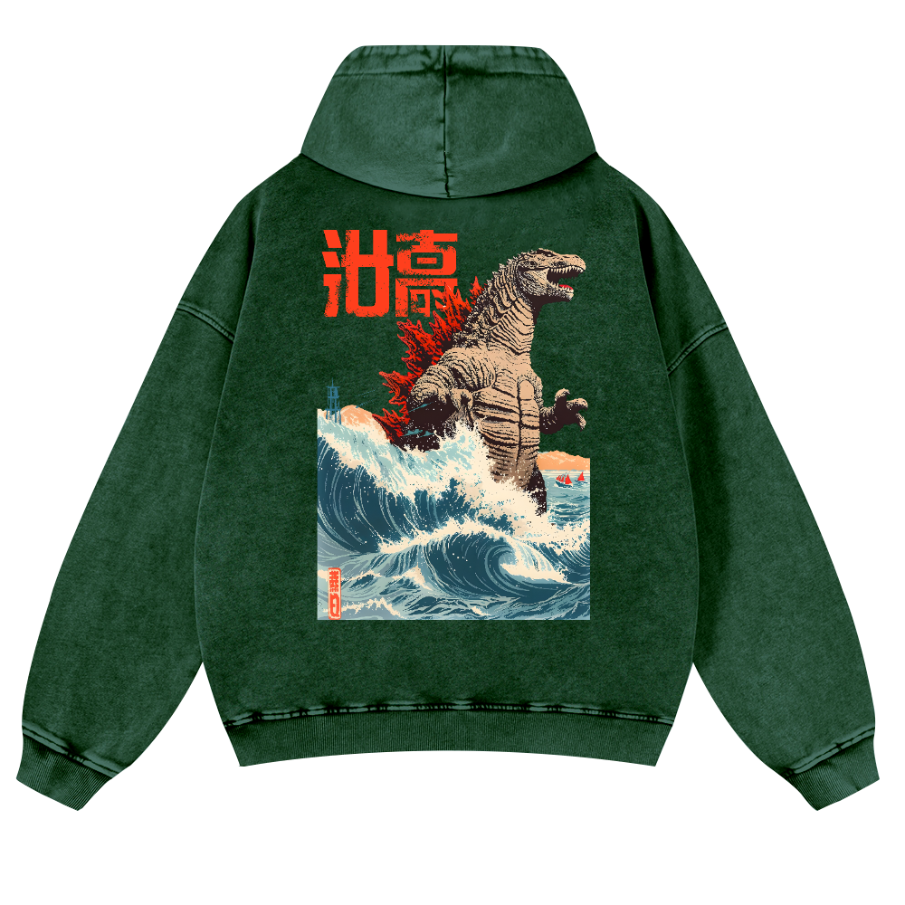 Godzilla Wave Vintage Washed Cotton Back Art Hoodie