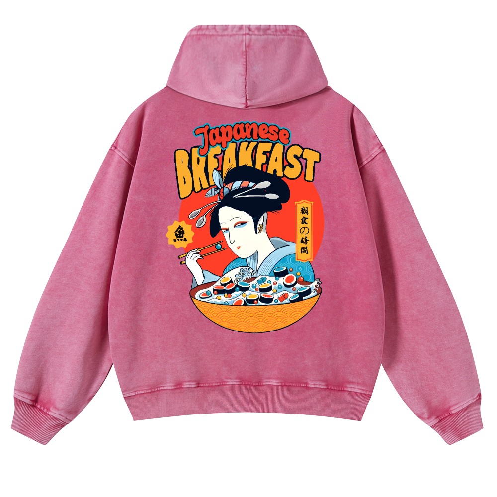 Geisha Fish Sushi Vintage Washed Cotton Back Art Hoodie