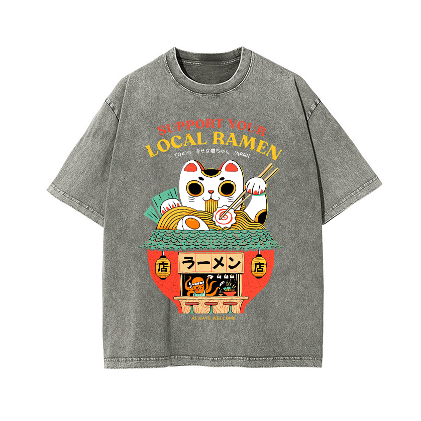 Ramen Cat Vintage Wash Japanese Design T-Shirt