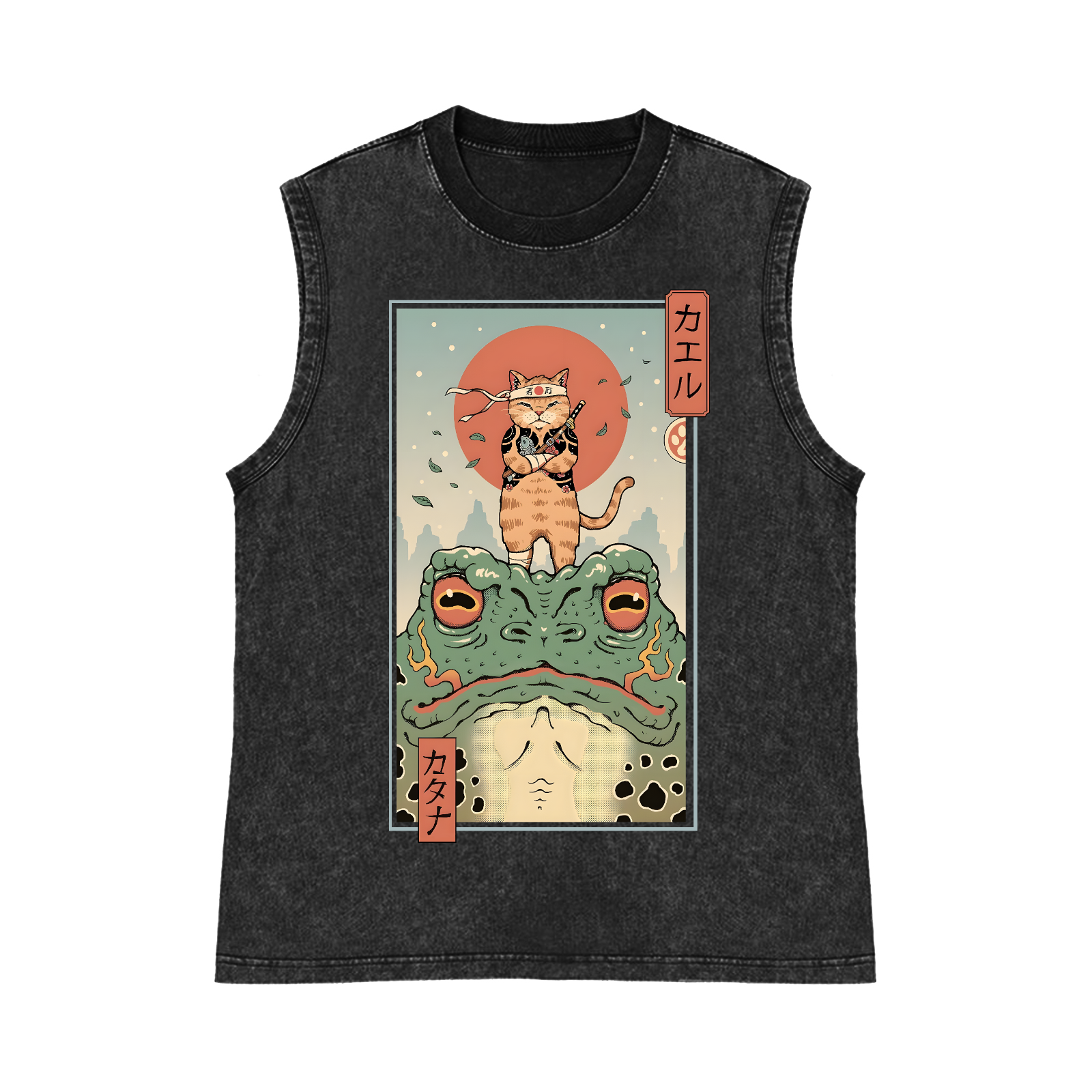 Ninja Cat and Frog Pure Cotton Wash-Dyed Sleeveless Tank Top
