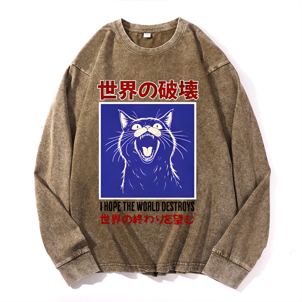 Cat Vintage Cotton Wash Crewneck Sweatshirt