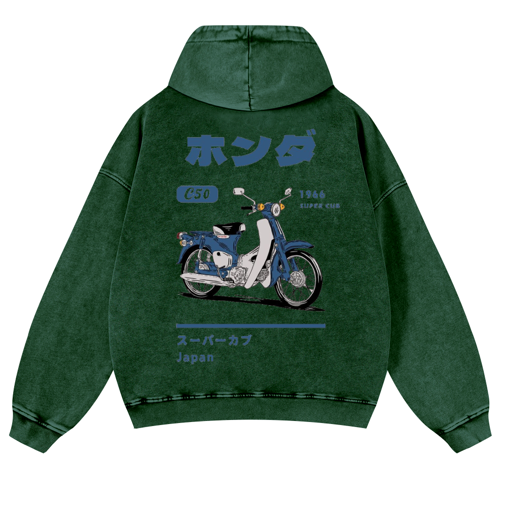 Honda C50 Super Cub Vintage Washed Cotton Back Art Hoodie