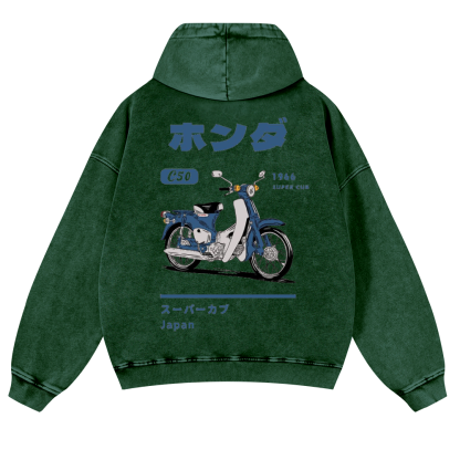 Honda C50 Super Cub Vintage Washed Cotton Back Art Hoodie