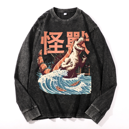 Godzilla Sushi Monster Wave Vintage Cotton Wash Crewneck Sweatshirt