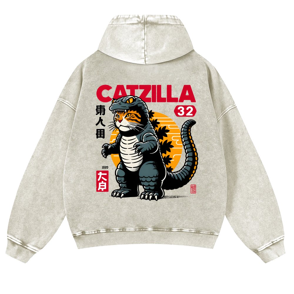 Cat Godzilla Catzilla Vintage Washed Cotton Back Art Hoodie