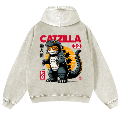 Cat Godzilla Catzilla Vintage Washed Cotton Back Art Hoodie