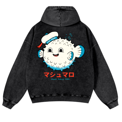 Puffer Fish Vintage Washed Cotton Back Art Hoodie