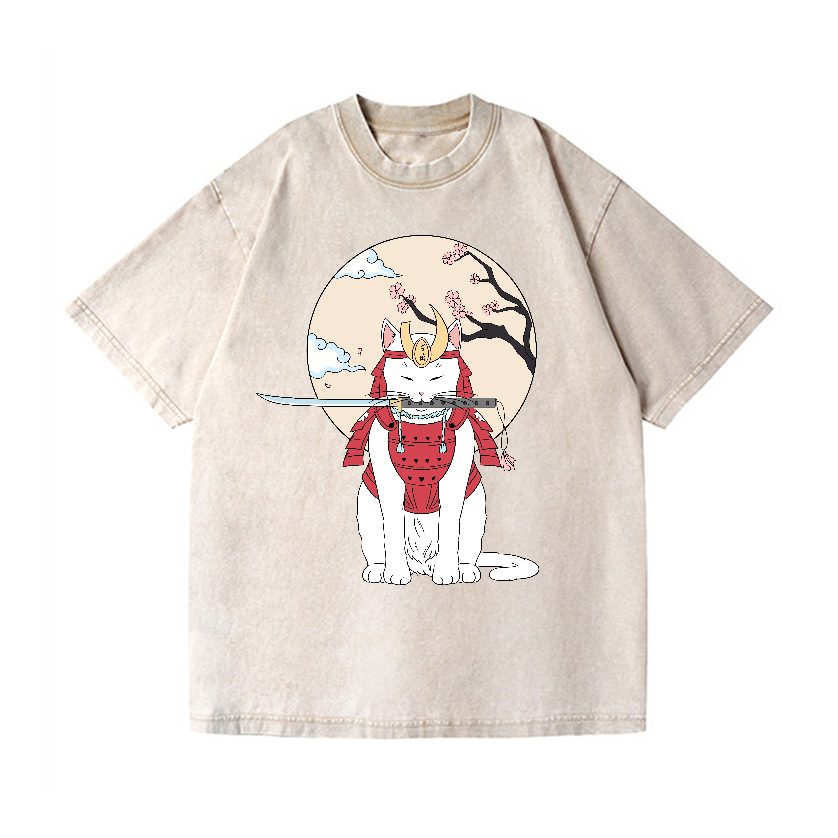 Samurai Cat Vintage Wash Japanese Design T-Shirt
