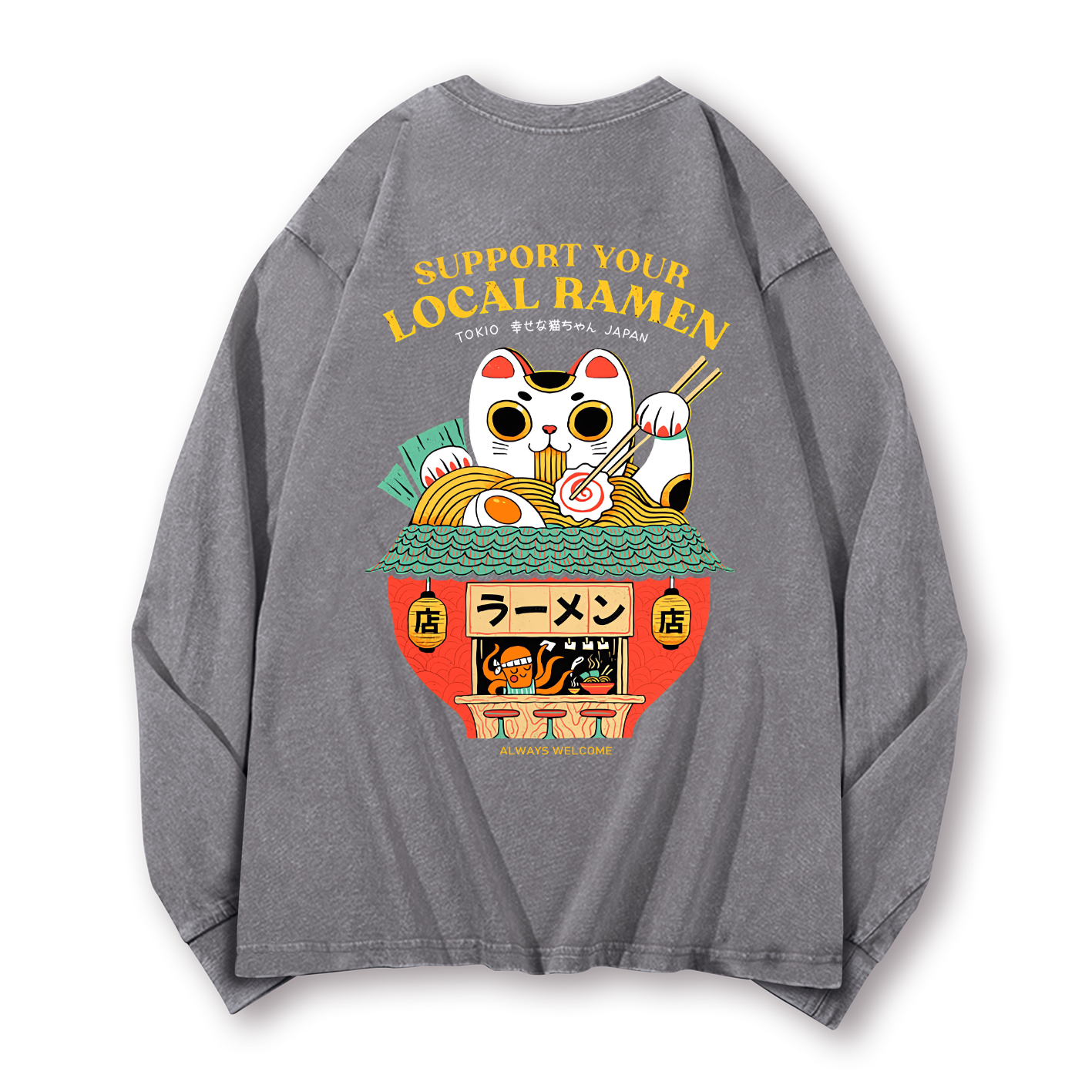 Ramen Lucky Cat Vintage Washed Cotton Back Art Long-sleeve T-shirt