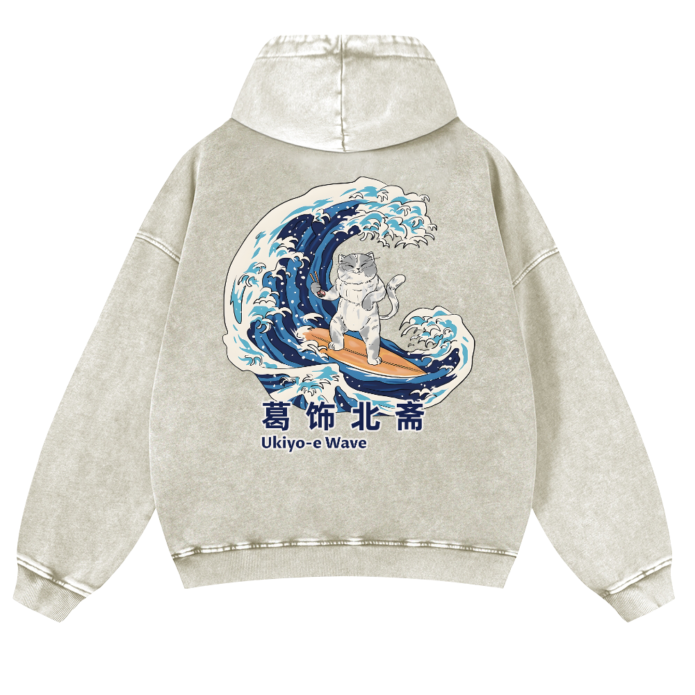 Ukiyoe Wave Cat Vintage Washed Cotton Back Art Hoodie
