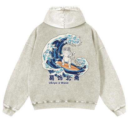 Ukiyoe Wave Cat Vintage Washed Cotton Back Art Hoodie