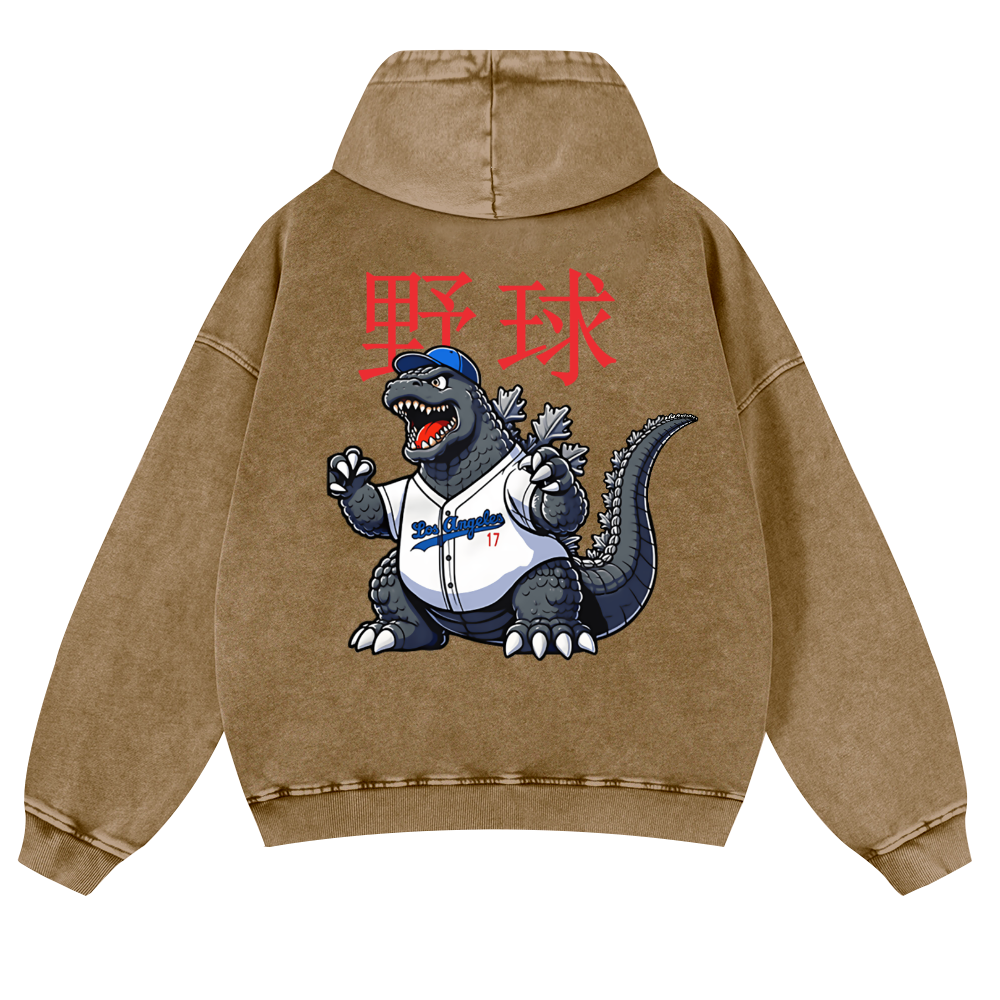 Godzilla Baseball Vintage Washed Cotton Back Art Hoodie