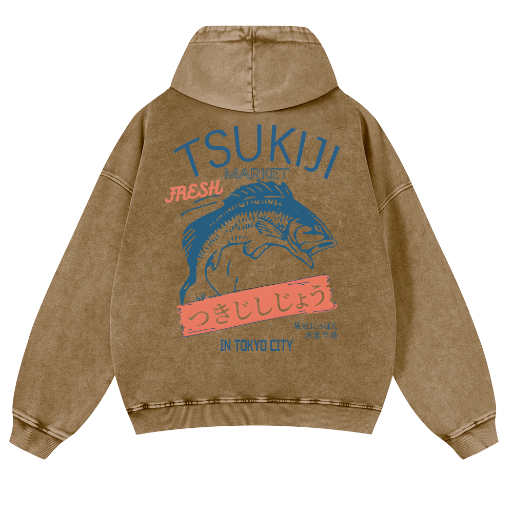 Tsukiji Fish Market Vintage Washed Cotton Back Art Hoodie