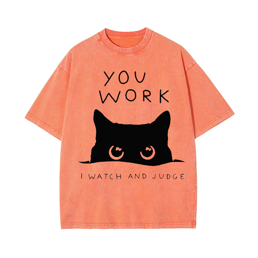 Cat Watching Your Work Vintage Wash Japanese Design T-Shirt