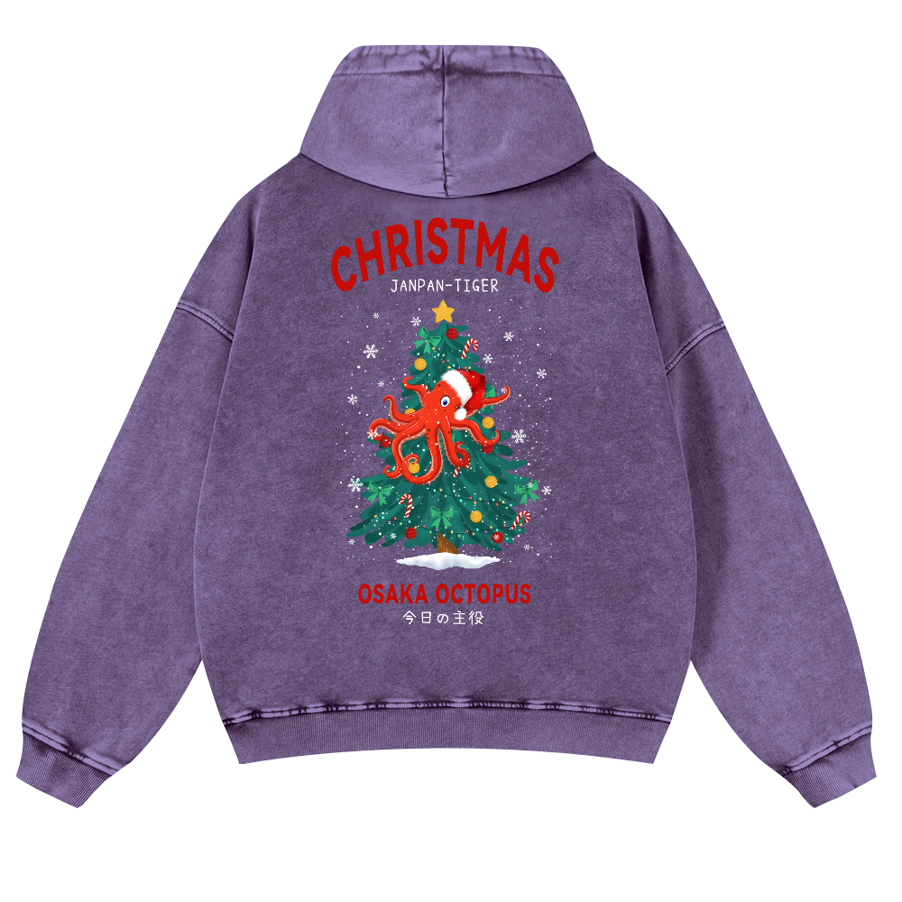 Christmas Osaka Octopus Vintage Washed Cotton Back Art Hoodie