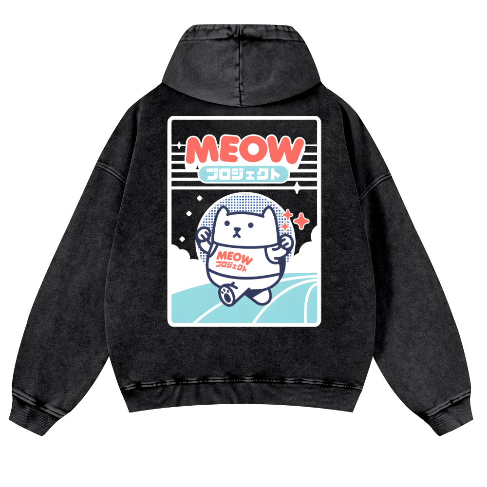 Meow Cat Vintage Washed Cotton Back Art Hoodie