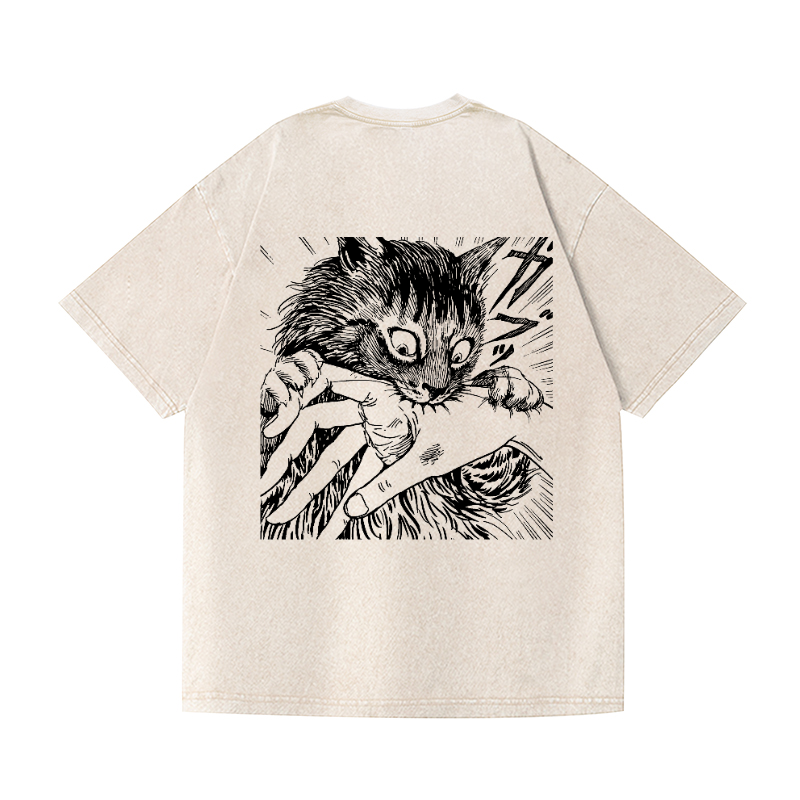 Cat Vintage Wash Japanese Design Back Art T-Shirt