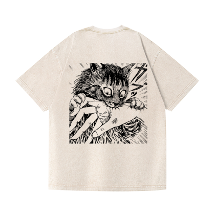 Cat Vintage Wash Japanese Design Back Art T-Shirt