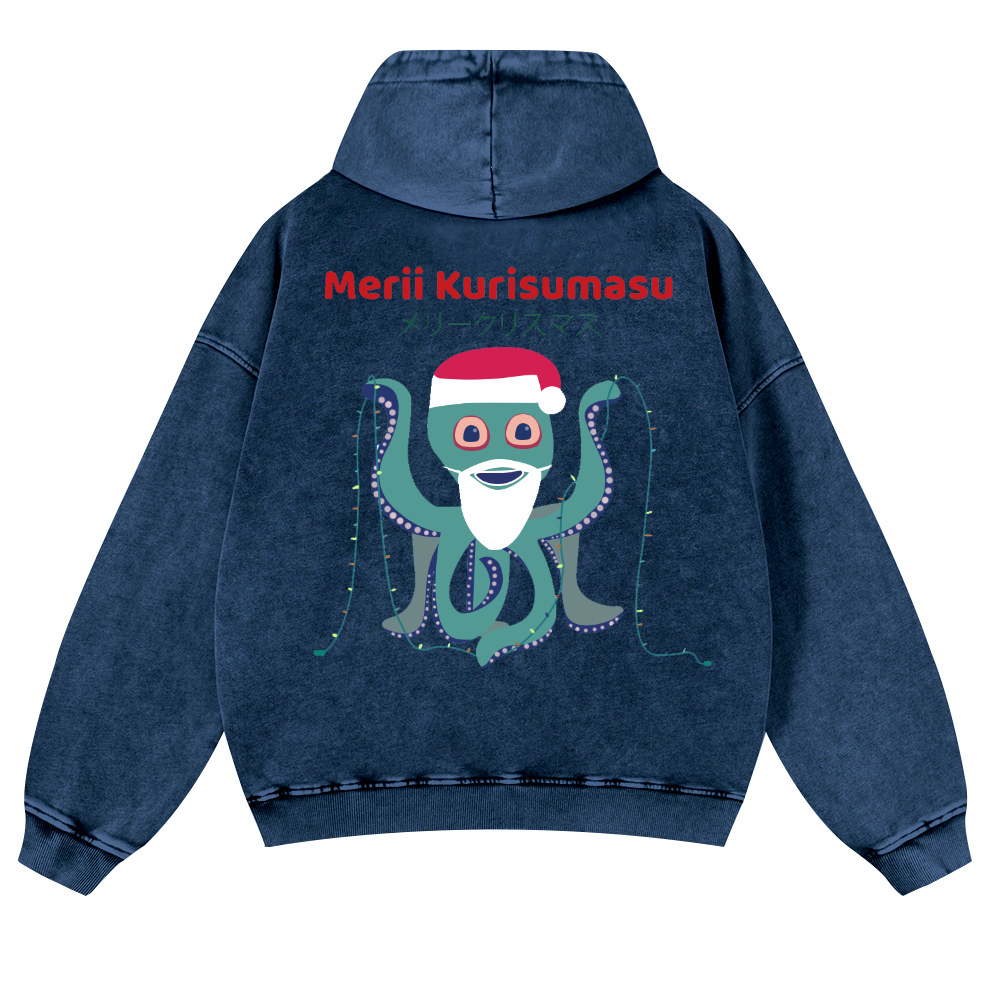 Christmas Octopus Vintage Washed Cotton Back Art Hoodie