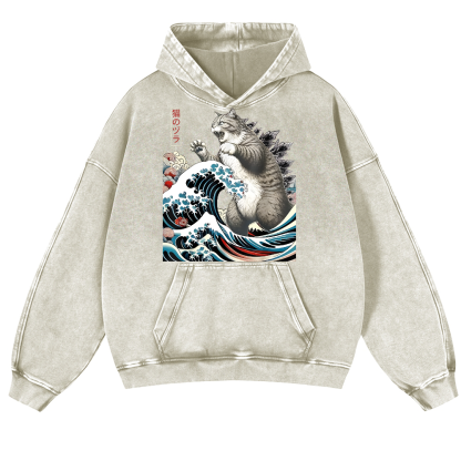 Cat Godzilla Ukiyoe Great Wave Vintage Washed Thick Cotton Hoodie