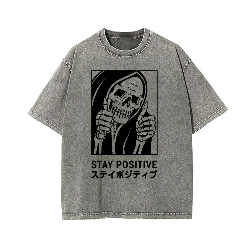 Stay Positive Skull Vintage Wash Japanese Design T-Shirt