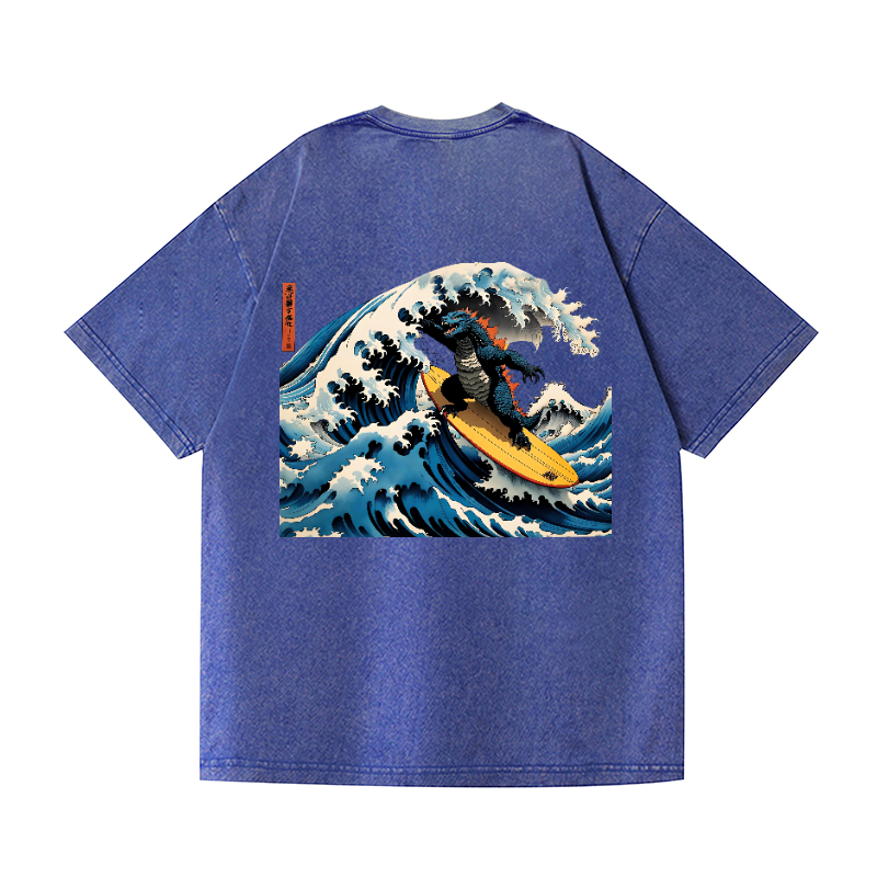 Surfing Godzilla Vintage Wash Japanese Design Back Art T-Shirt