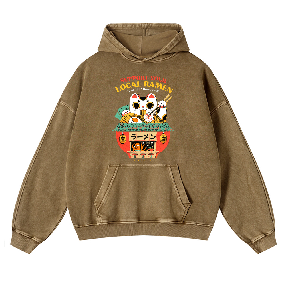 Lucky Cat Vintage Washed Thick Cotton Hoodie