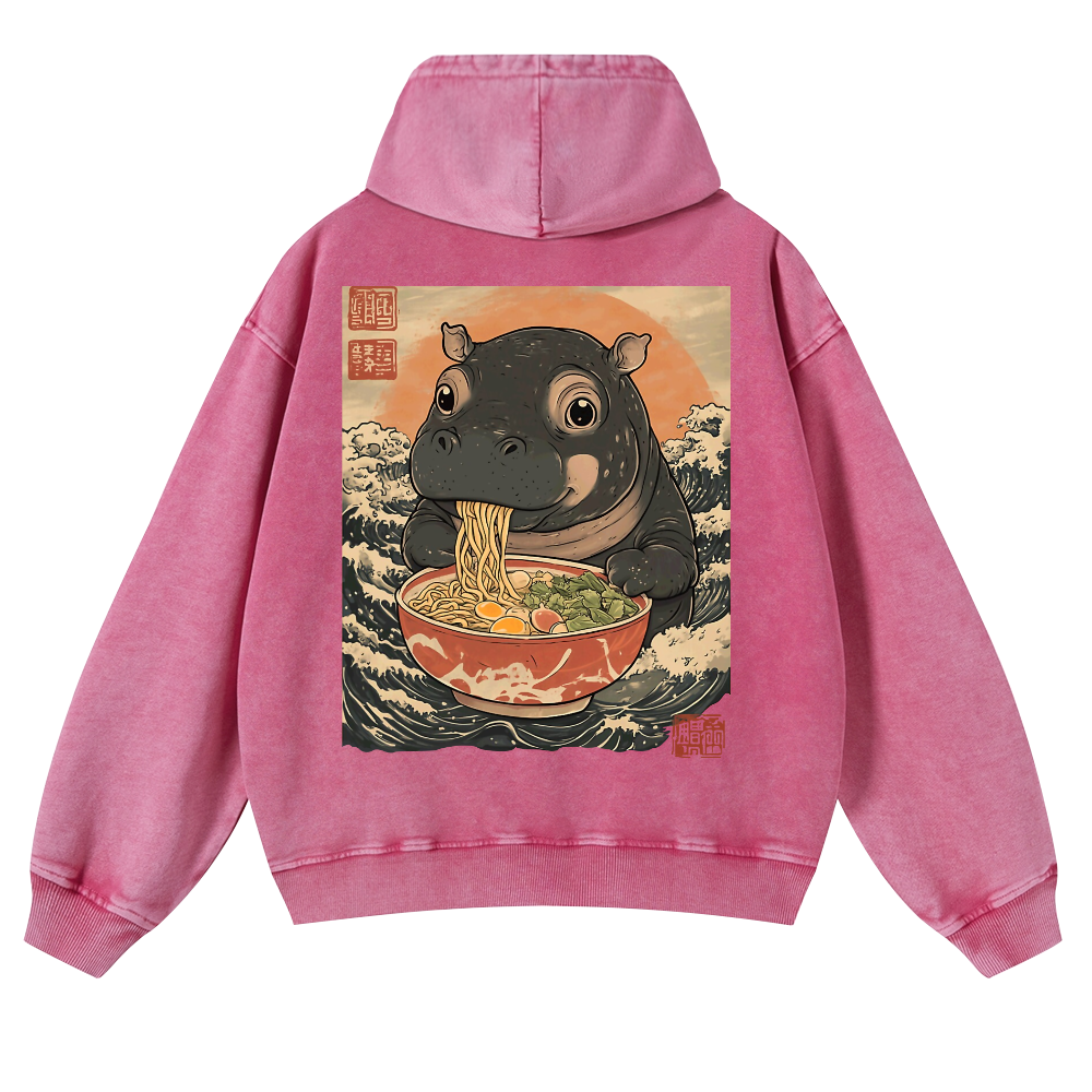 Hippo Ramen Ukiyoe Vintage Washed Cotton Back Art Hoodie