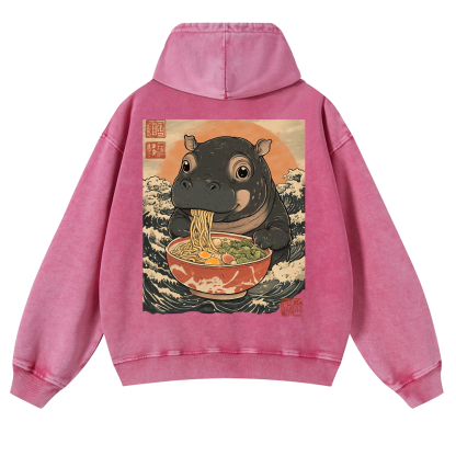 Hippo Ramen Ukiyoe Vintage Washed Cotton Back Art Hoodie