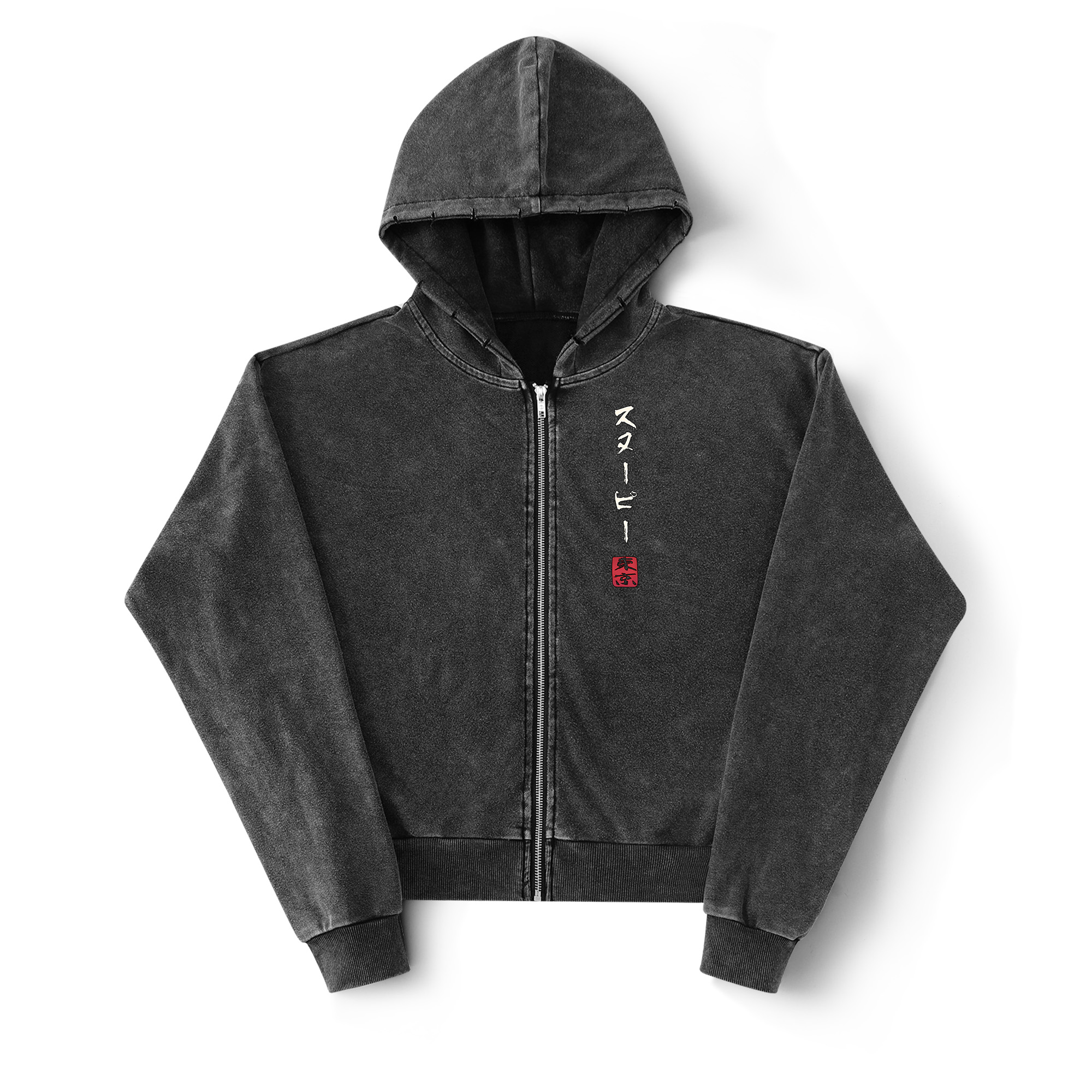 Samurai Style Peanuts Ink Ukiyo-e Vintage Washed Double-Sided Graphic Zip Hoodie