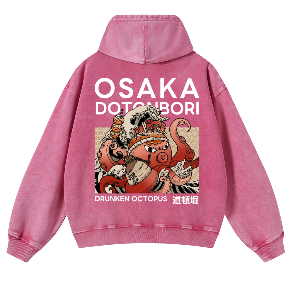 Osaka Dotonbori Drunken Octopus Vintage Washed Cotton Back Art Hoodie