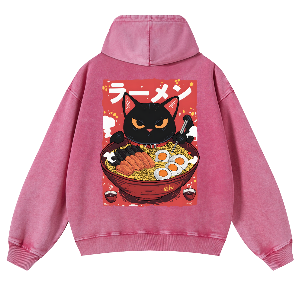 Ramen Black Cat Vintage Washed Cotton Back Art Hoodie