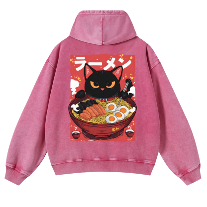 Ramen Black Cat Vintage Washed Cotton Back Art Hoodie