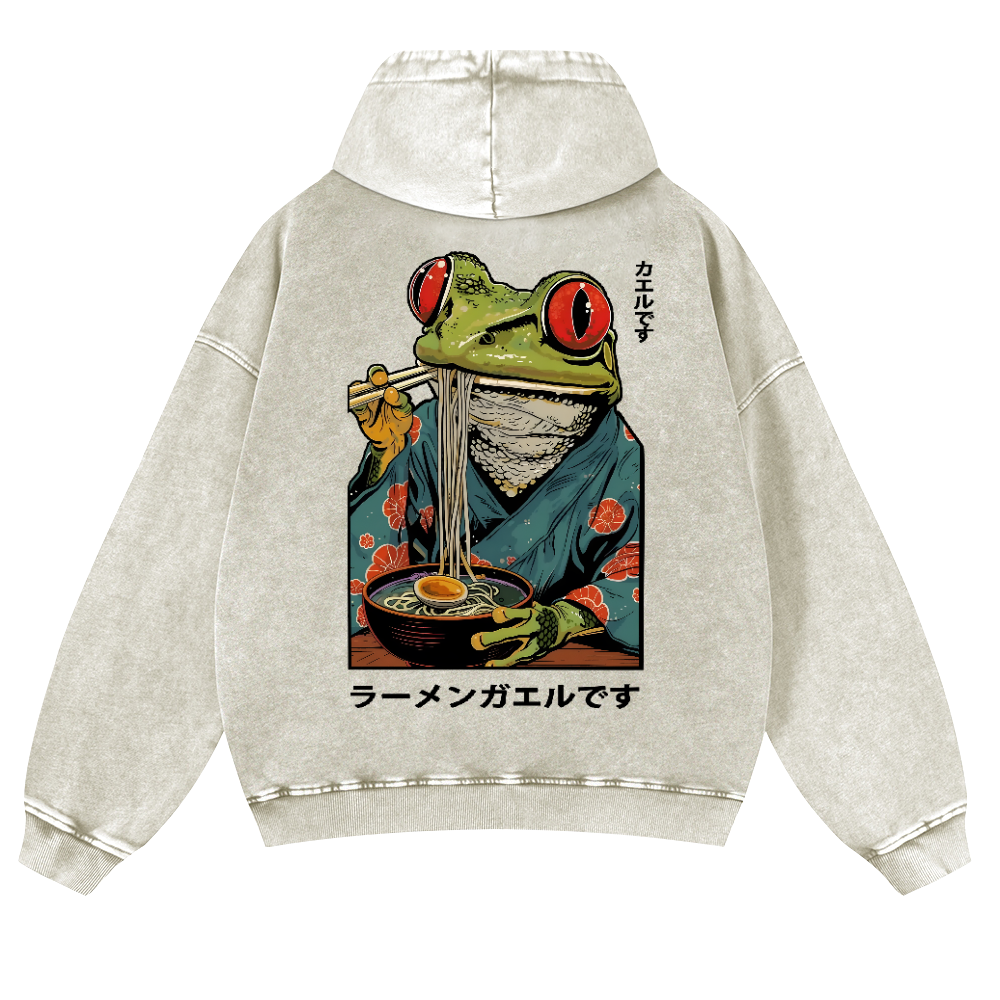 Frog Ramen Vintage Washed Cotton Back Art Hoodie