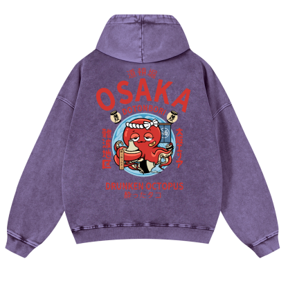 Osaka Dotonbori Drunken Octopus Vintage Washed Cotton Back Art Hoodie