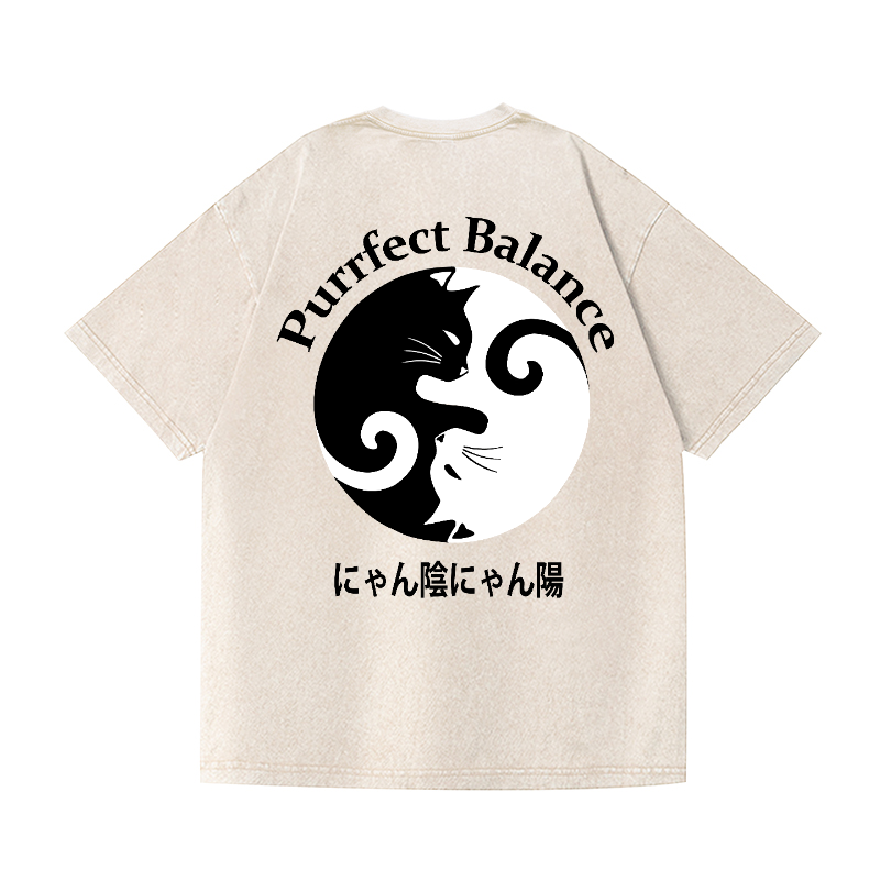 Yin-yang Cat Vintage Wash Japanese Design Back Art T-Shirt