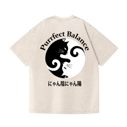 Yin-yang Cat Vintage Wash Japanese Design Back Art T-Shirt
