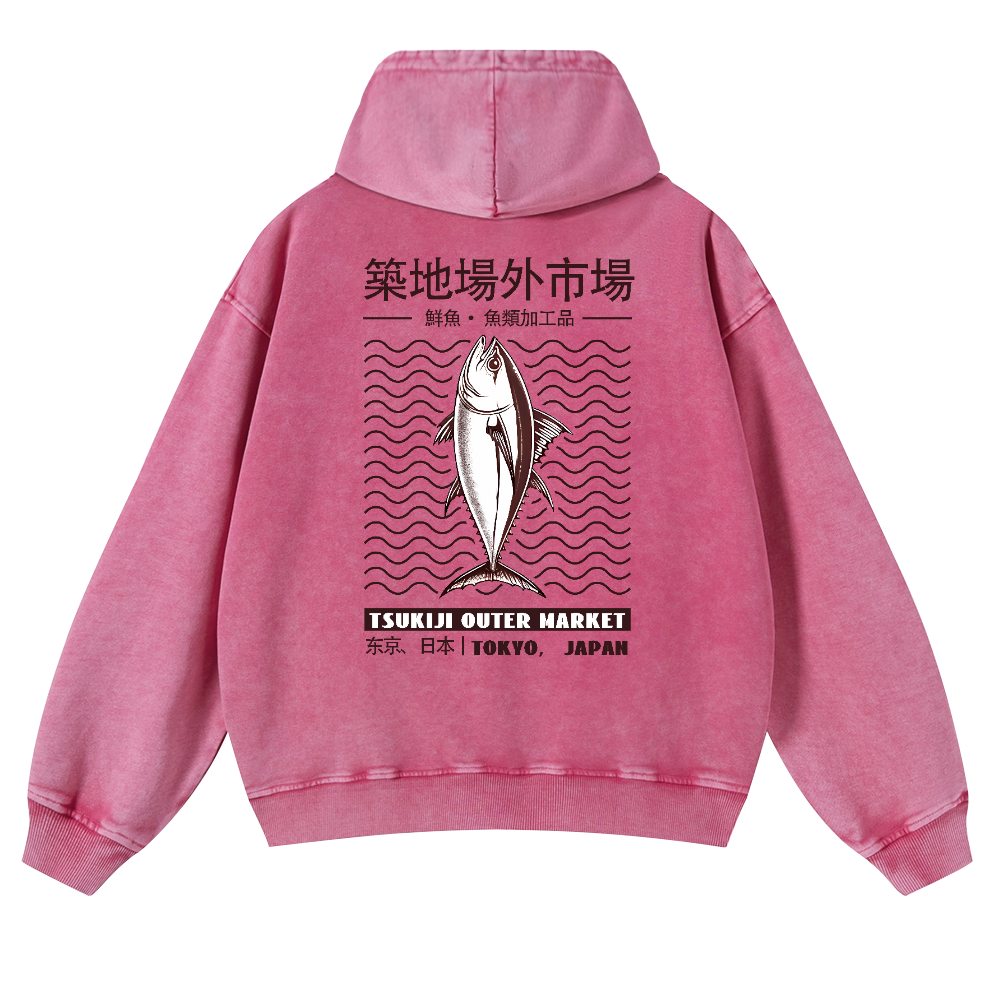 Tsukiji Outer Market Fish Vintage Washed Cotton Back Art Hoodie