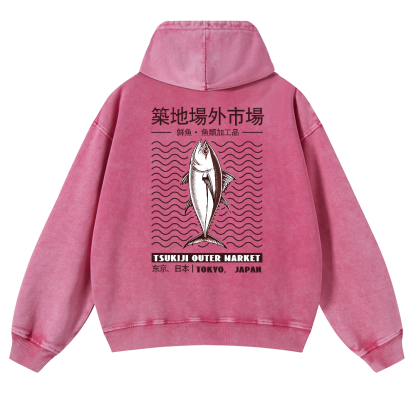 Tsukiji Outer Market Fish Vintage Washed Cotton Back Art Hoodie