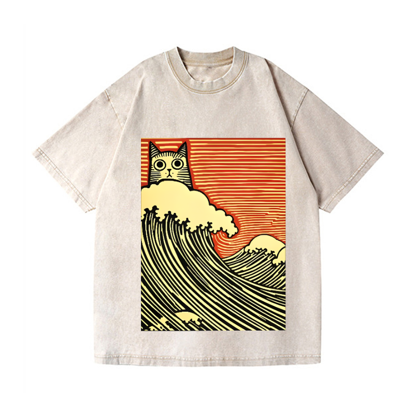 Cat Wave Vintage Wash Japanese Design T-Shirt