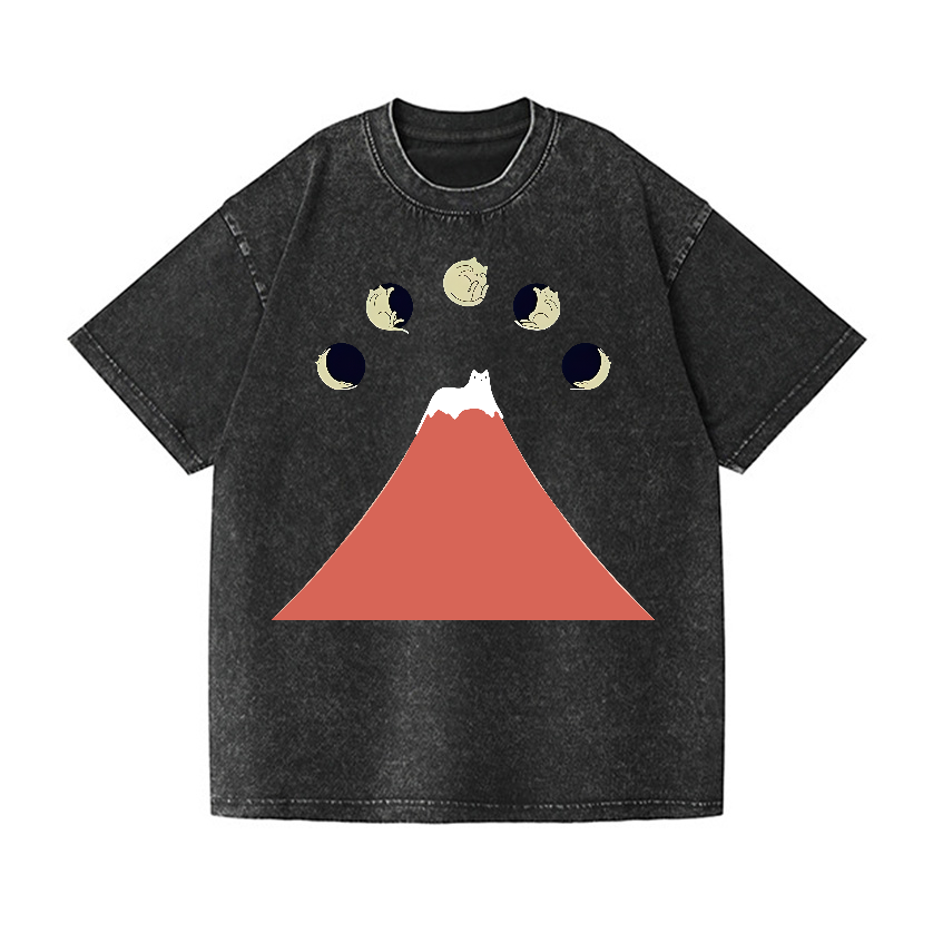 Mount FUJI Moon Cat Vintage Wash Japanese Design T-Shirt